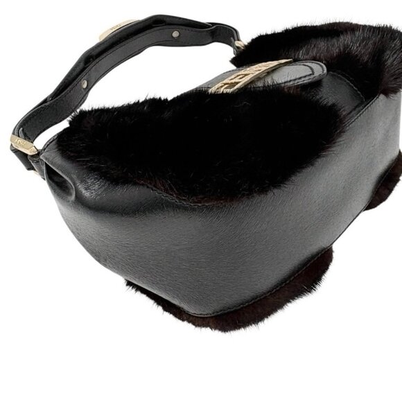 FENDI Vintage Logo Fur Baguette Mini Shoulder Bag Handbag Black Gold [106345] - Picture 7 of 13
